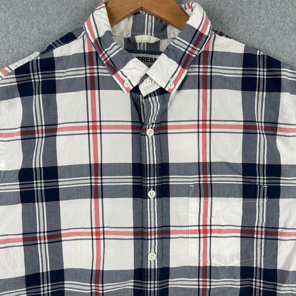 Express Button Up Shirt Mens XL White Plaid Soft Wash Slim Fit‎ Long Sleeve